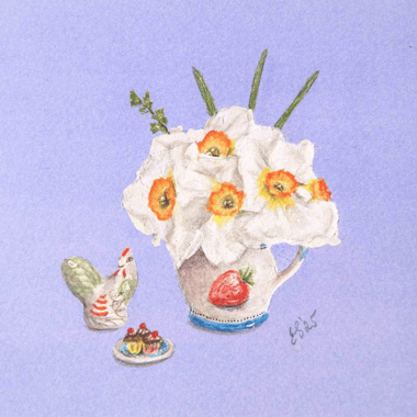 Narcissi & Strawberry Jug - watercolour with ink wash background