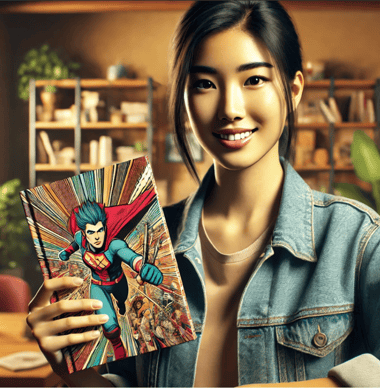 a woman holding a comic book and a comic book