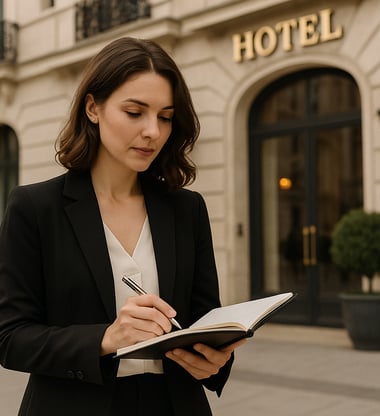 Consultante en audit qualité effectuant une visite mystère dans un hôtel de luxe.