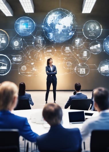 a business woman standing in front of a presentation