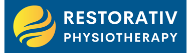 a blue and yellow logo with the words restorative and a yellow and white