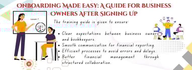 Guide titled 'ONBOARDING MADE EASY: A GUIDE FOR BUSINESS OWNERS AFTER SIGNING UP.' Features illustra