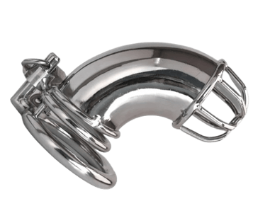 a picture of a chrome metal male chastity cage on a clear background