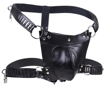 a black leather chastity harness with straps