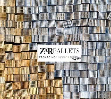 Stacked wooden pallets with the ZarPallets logo, highlighting packaging solutions.