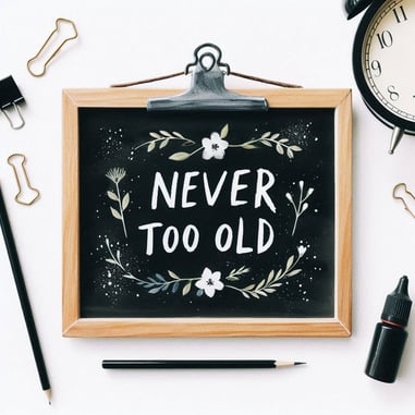 Never too old sign on a blackboard