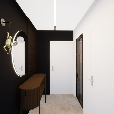 Vue d'un couloir avec un mur noir, un miroir rond et une applique murale après projet