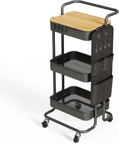 Metal Utility Rolling Cart with Table Top and Side Bags.