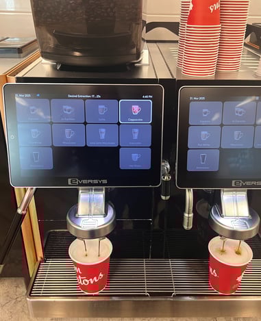 Eversys twin-head espresso machine brewing cappuccinos at Tim Hortons in South Florida