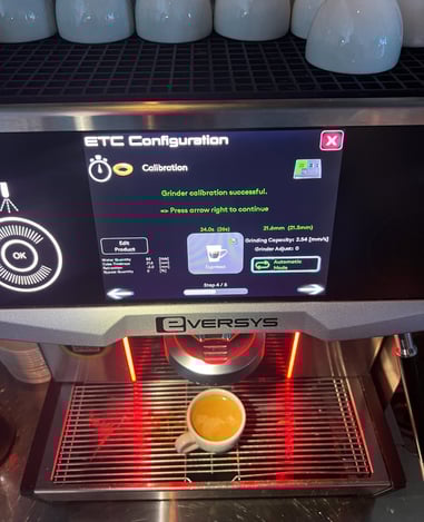 Eversys espresso machine successfully calibrated during grinder adjustment