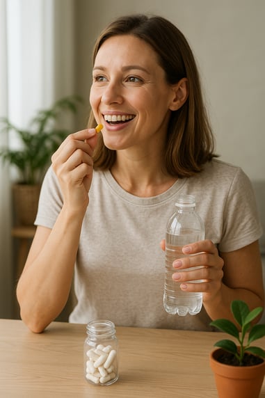woman smiling while holding a supplement and water, representing natural wellness and vitality