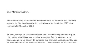 Lettre de demande de formation en secourisme