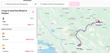 Screenshot from RomTo Rio with a price of train shown cheaper than the same route on a bus