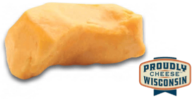 An enlarged cheese curd and the Wisconsin Cheese Logo
