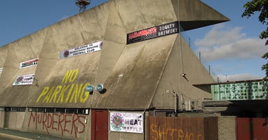 The brutalist Shufflebottom Stand of the Greyhound Lane stadium in Streatham, South London.