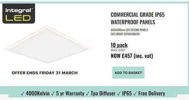 Product card of weekly offer led ceiling panels week 13 2023, pricing at 457GBP 10pack IP65 panels