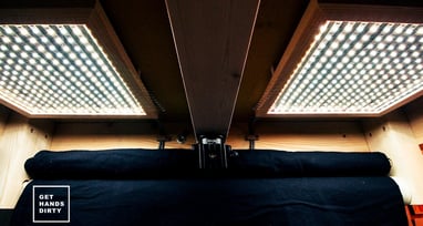 Led lights making a squared panel in the loft bed ceiling.