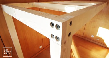 The loft bed structure made out of pine wood.