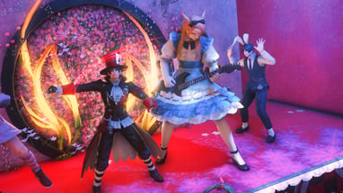 NPC Hosts dancing, dressed in an Alice in Wonderland theme.