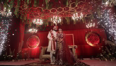 Ankit & Mehak pose during wedding ceremony in the hills of shimal at deventure in red hues 