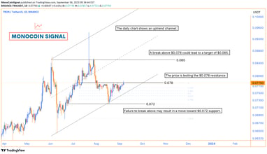 Daily price chart highlighting the upward trend and resistance at $0.078, accompanied by an RSI indi