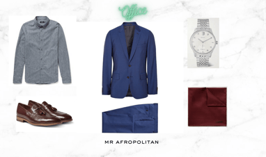 Costume bleu nuit - chemise en chambray grise - mocassins marron - Mr Afropolitan
