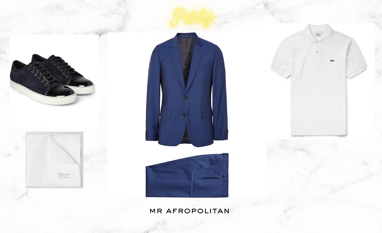 Costume bleu marine - polo blanc - baskets noires semelles blanches - Mr Afropolitan