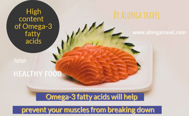 slises of salmon & a sign: 'salmon rich in Omega-3 acids helps prevent muscles breakdown'