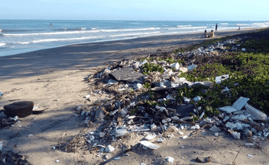 uma praia cheia de lixo