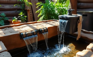 a homestead water filtration system, with flowing water going into a water collection container