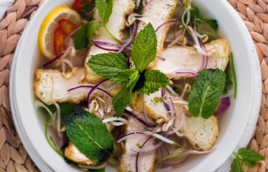 a bowl of food, pho, tofu and noodle