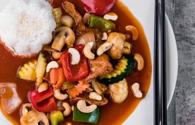 a plate of food with chopsticks