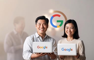 digital mkt consultants for local businesses from Aguiar Digital Labs holding laptop with Google