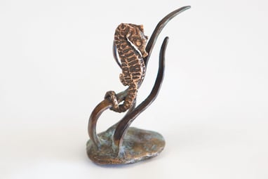 Bronze tiny seahorse on seaweed