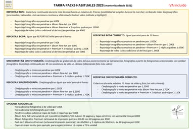 Tarifa de packs de reportaje de bodas