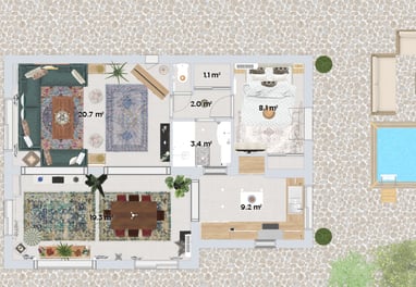a floor plan of a house with a pool and a swimming pool