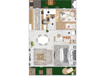 a plan of a house with a living room and dining area