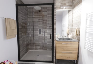 a bathroom with a shower and a sink