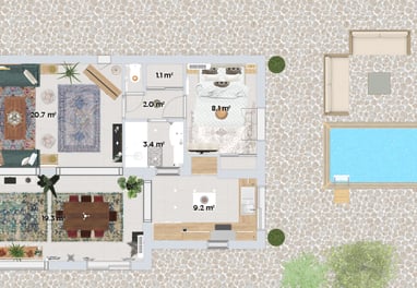 a floor plan of a house with a pool and a swimming pool