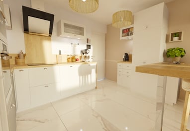 a kitchen with a table and chairs and a table