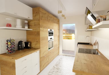 a kitchen with a wooden counter top and a microwave