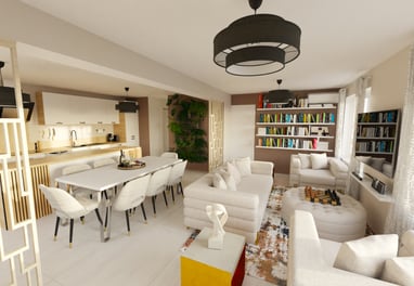 a living room with a table and chairs