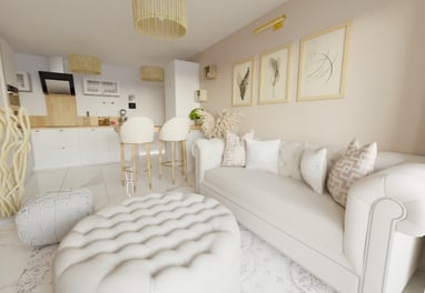 a living room with a couch and a ottoman