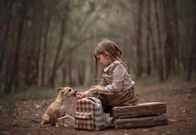 a little girl sitting on a bench with a dog