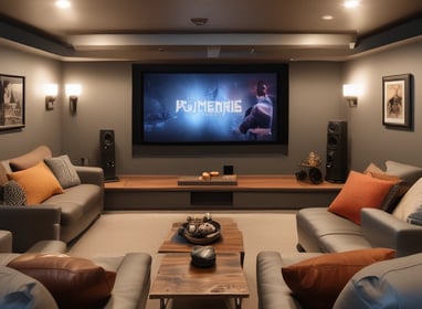 Finished basement with home theatre setup and modern lighting ideal for entertainment or guest space