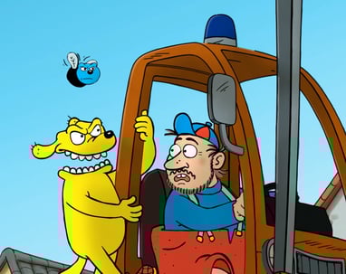 a cartoonish picture of a man in a construction crane