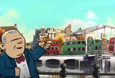 a cartoonish looking man in a suit and bow tie