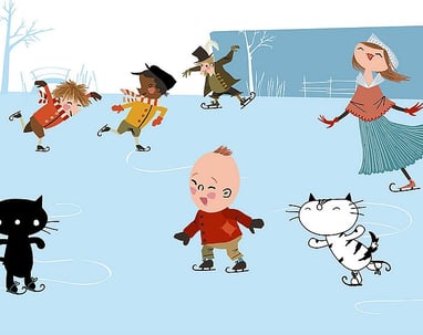 a cartoonish illustration of a child and pim and pom