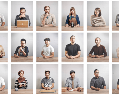 a series of portraits of people sitting at a table