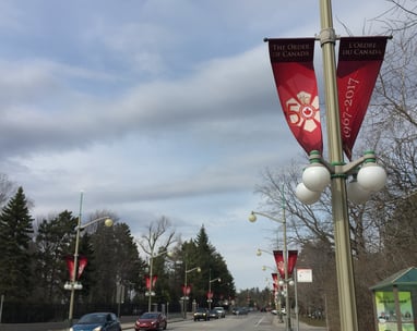 the 50th Order of Canada Anniversary flags displayed on Sussex Drive